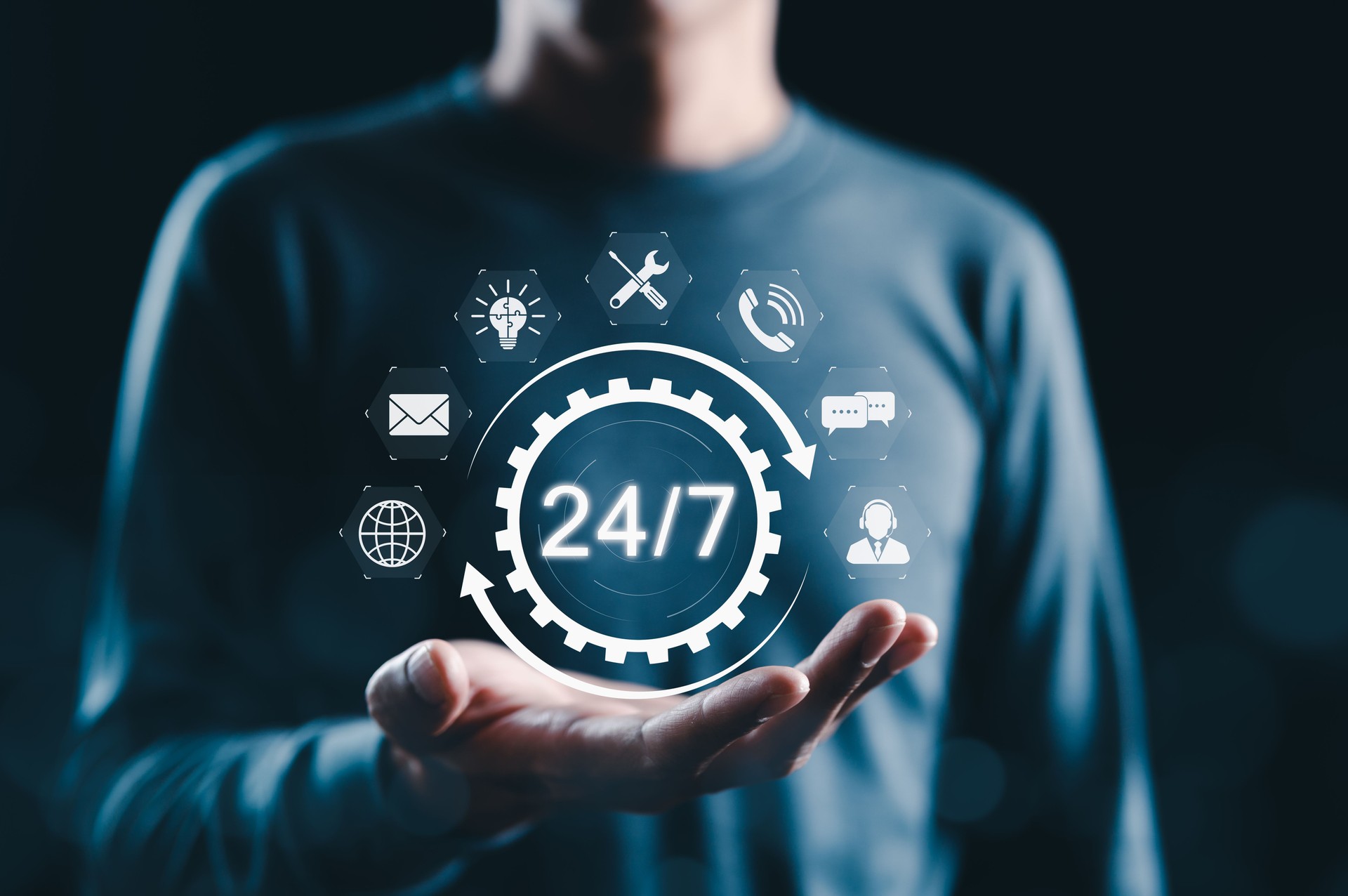 24/7 Support and Service Availability Concept. Person presents 24/7 service with support and communication icons, representing continuous customer service, help center, 24 hour technical assistance,